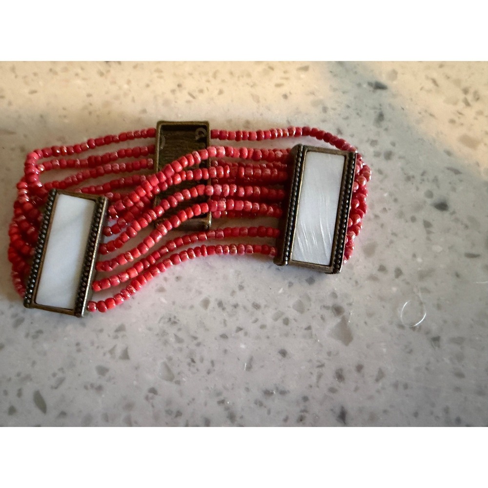 Red Seed Bead Multi Strand Stretch Bracelet Mother of Pearl Brass Boho Cuff